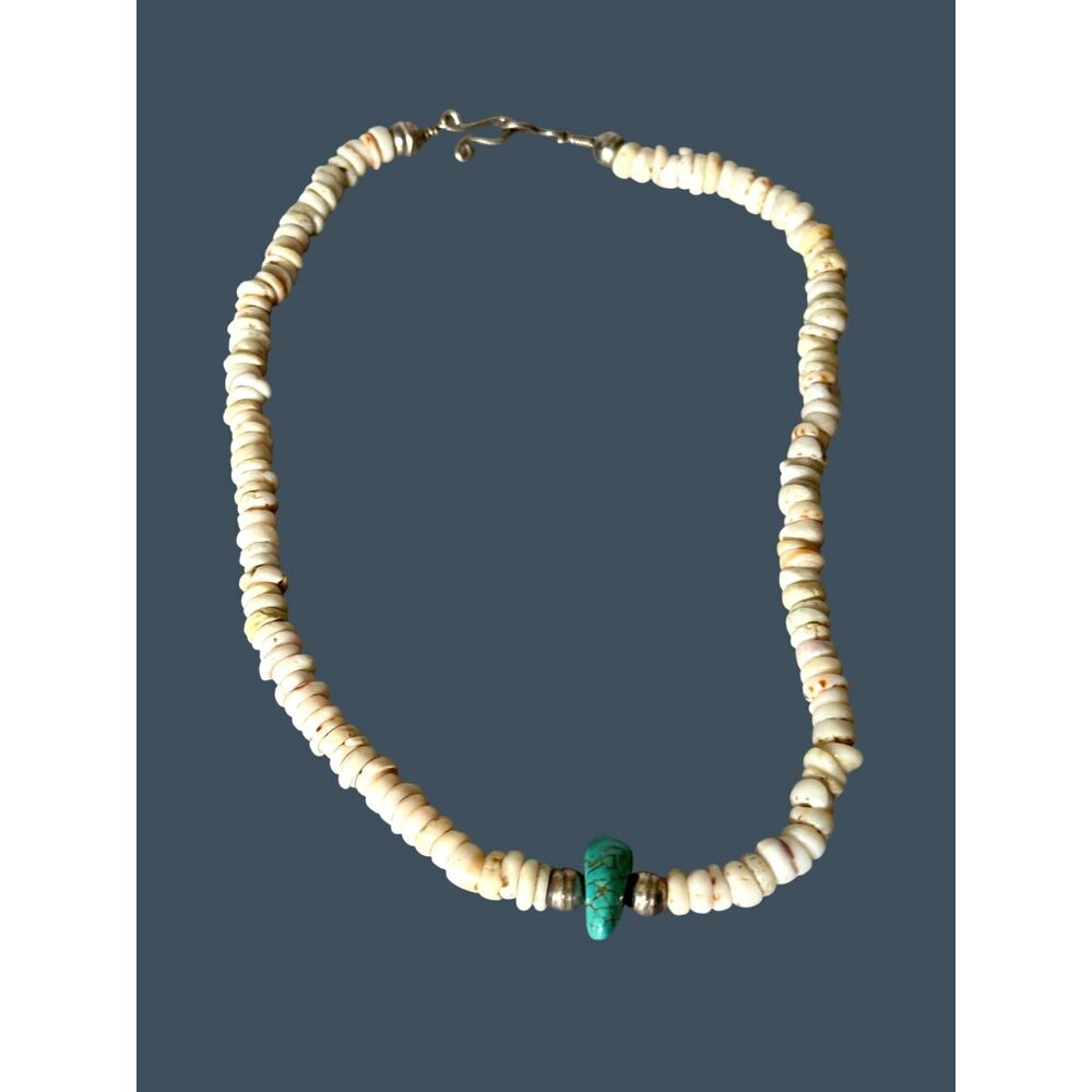 Old Southwestern Puka Oyster Shell Necklace Turquoise Accent & Sterling Silver - Picture 2 of 12